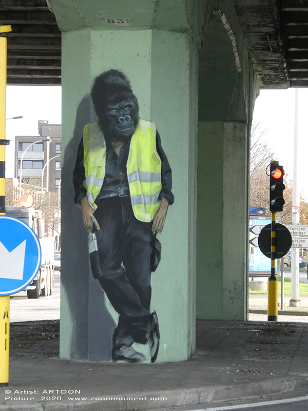 Street Art Antwerpen Artoon
Created by Artoon
Traffic Guard – You better watch out when arriving at this intersection, cause this gorilla is guarding the traffic here. All the bridge pillars where painted during the Pillar 12 festival in 2018. Can you find his 3 other monkey buddies?
StreetArt 2170 Antwerpen
Trefwoorden: Street Art Antwerpen Artoon gorilla