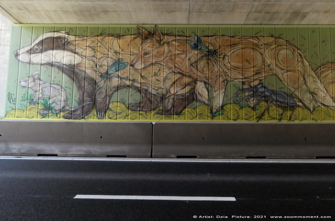 Streetart Haasrode Belgium forest animals
Created by Dzia
Forest Animals – Large murals with wild life ( mammels,birds & insects), made on both sides of this newly build ecoduct 'De konijnenpijp'.( about half hour by bicycle from the city center of Leuven)
Trefwoorden: Streetart Haasrode Leuven Belgium forest animals Dzia