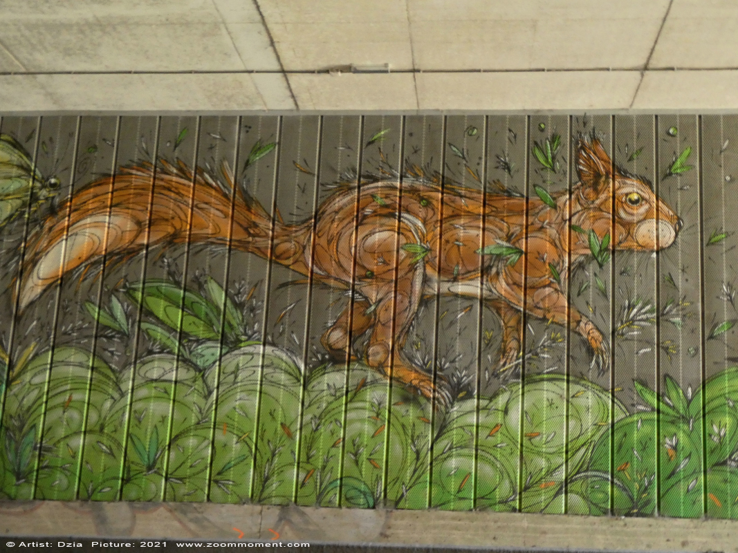 Streetart Haasrode Belgium forest animals
Created by Dzia
Forest Animals – Large murals with wild life ( mammels,birds & insects), made on both sides of this newly build ecoduct 'De konijnenpijp'.( about half hour by bicycle from the city center of Leuven)
Trefwoorden: Streetart Haasrode Leuven Belgium forest animals Dzia